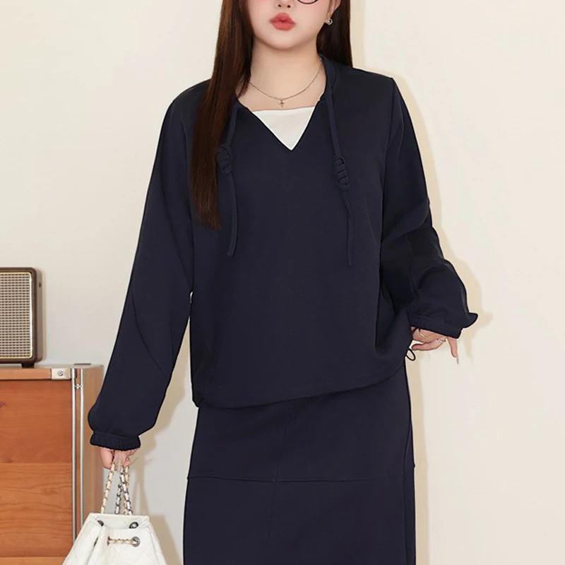 Plus Size Hoodies 2025 Autumn Fashion Preppy Style Casual Loose Splicing O-neck Long Sleeve Premium Women's Sweatshirt