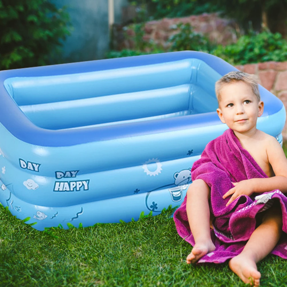 Inflatable Kids Swimming Pools Portable Rectangle Baby Ball Pit Pool Indoor Outdoor 3 Rings Cartoon Printed for Family Adult Kid
