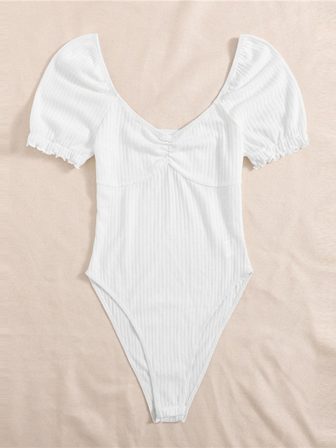 Puff Sleeve Ruched Bust Rib-knit Female Bodysuit Woman Clothes Bodycon Sexy Bodysuits Bodies For Women боди женское