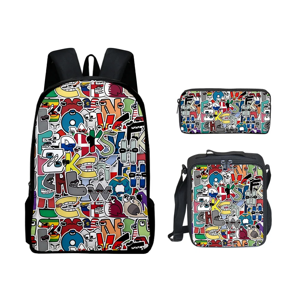 3pcs/set 3D Alphabet Lore Backpack Primary Middle School Boys Girls Students Cartoon Anime School Bag Lunch Bag Pencil Case