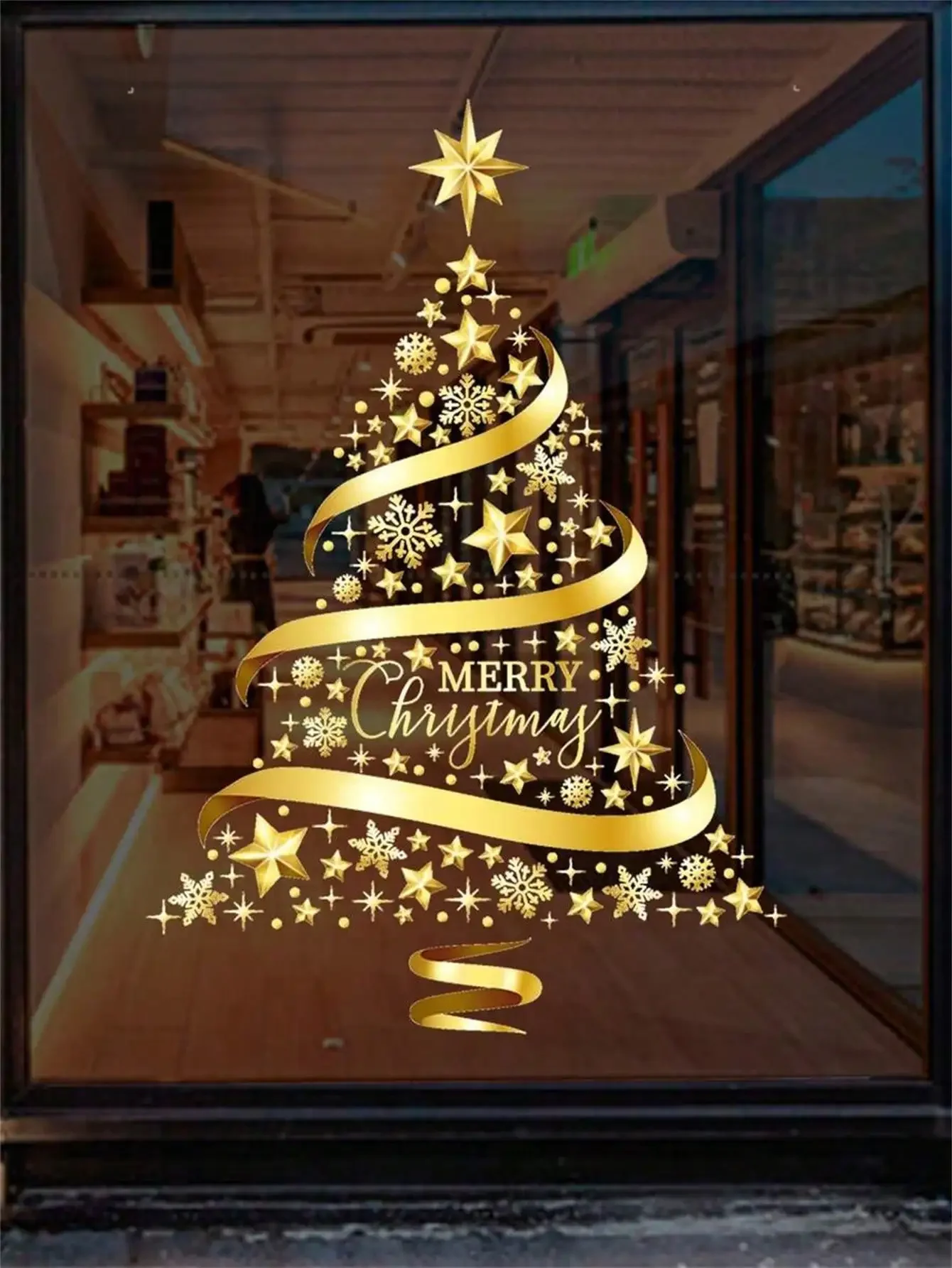 1pc Gold Christmas Tree Decorative Glass Sticker Shop Window Decor Golden Christmas Garland Window Stickers Decoration wall stickers,window stickers