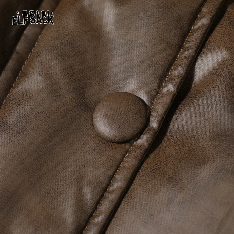 ELFSACK Brown PU Down Vest Women 2023 Winter Retro Warm Outwears