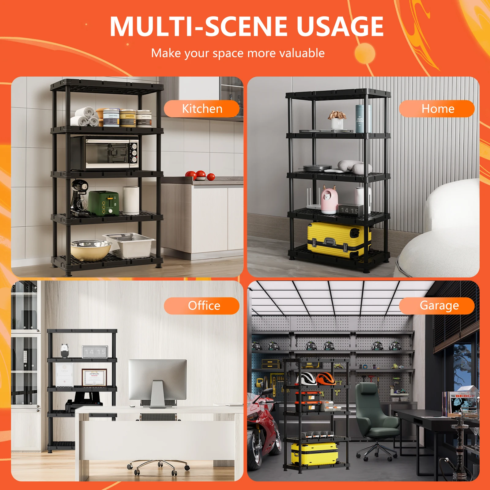 LEADLOONG 5-Tier Plastic Garage Storage Shelf Heavy Duty Storage Racks Plastic Shelves for Garage Kitchen Home Office