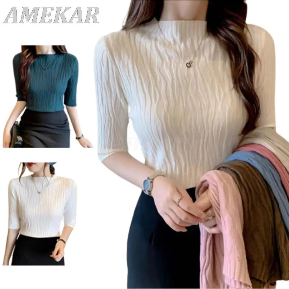 

Korean Fashion Solid Sweater For Women 2023 Spring New Casual Slim Short Sleeve Tops Lady High Quality Pullover Knitted Clothes