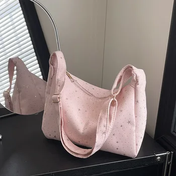 2026 New Large Capacity Canvas Tote Bag for School Girl Casual Sequins High-End Shoulder Crossbody Bag Simple Chic Handbag 1
