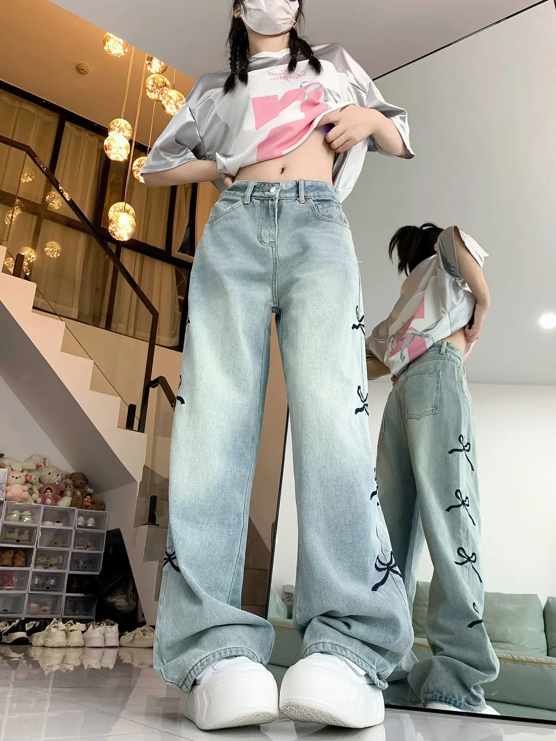 embroideryJeans Embroidery Bow Blue High Waist Retro Women American Street Wide Leg Pants Design Straight Baggy Trousers Jeans P
