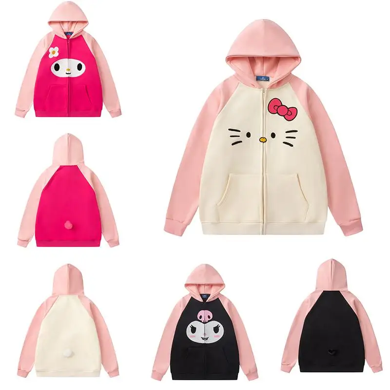 

Sanrios Hello Kittys Jacket Kawaii Kuromi Cinnamoroll My Melody Cartoon Girl Heart Embroidery Hooded Coat Women's Clothes Tops