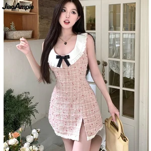 Women Summer Sweet Pink Bowknot Mini Dress 2023 New Lady Peter Pan Collar Patchwork Sleeveless Dresses Dinner Party Gown Female
