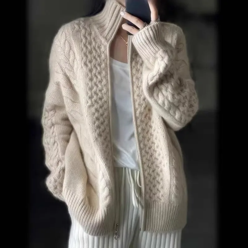 

European station autumn and winter thick high-necked cashmere knitted Cardigan woman loose thin zipper sweater coat wool coat