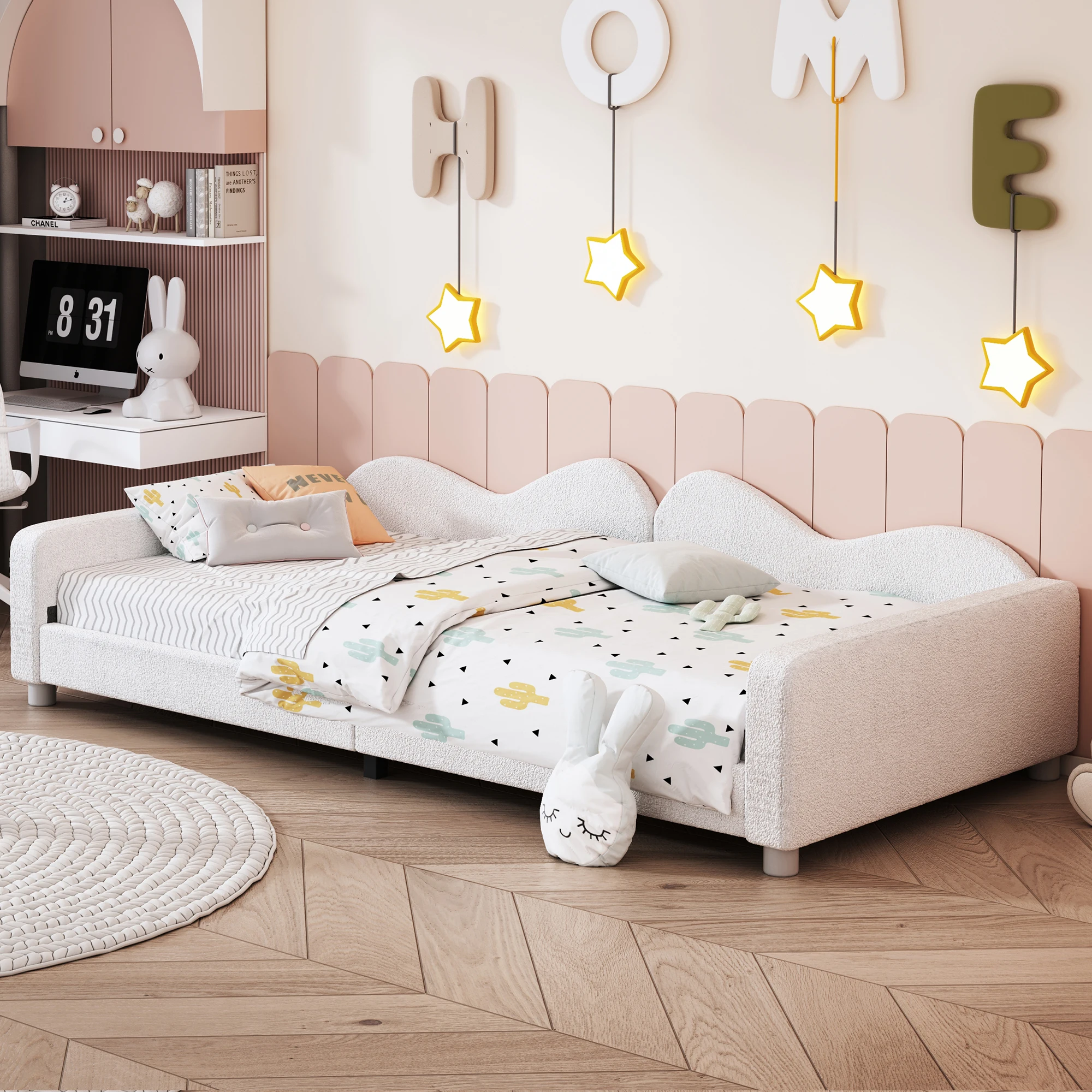 KOMHTOM Kinderpolsterbett 90x200 cm aus Teddystoff Multifunktionales Schlafsofa Bettgestell mit Rückenlehne und Armlehnen – Detail 6