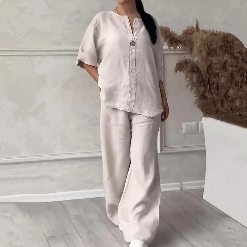 

Рубашка из хлопка и льна для женщин, однотонный комплект из 2 предметов, блузка с длинным рукавом и широкие брюки, повседневный костюм, весна-осень