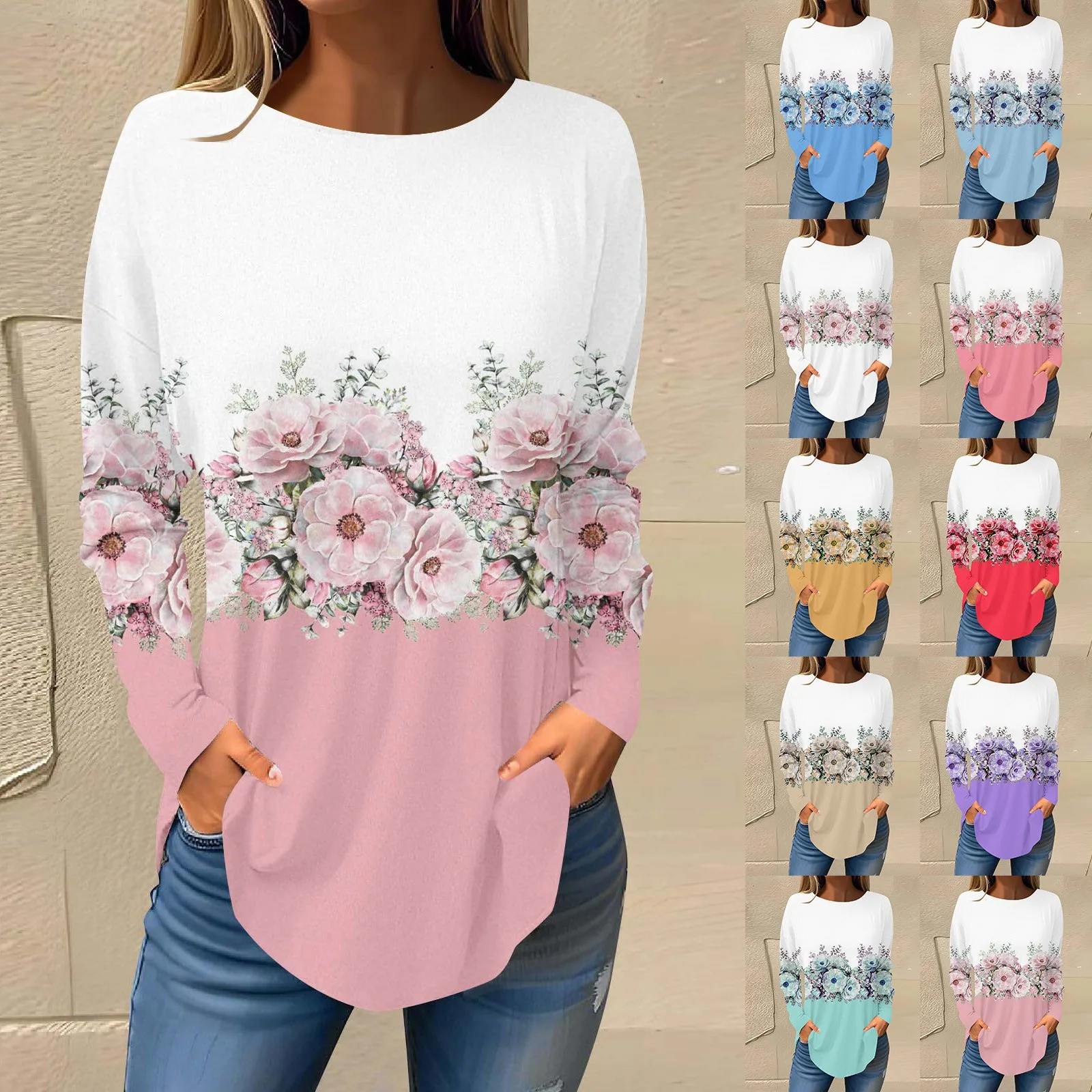 

Juniors Graphic Tops Women Fashion Casual T Shirt Floral Prints Long Sleeve Crew Neck Top Blouse Loose Lady Office Bloouse Blusa