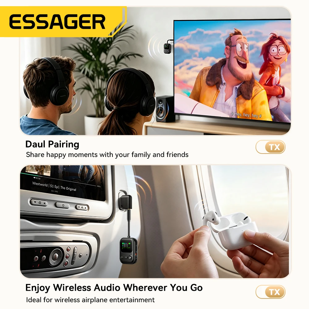 Essager 블루투스 6.0 오디오 송신기 수신기 2 IN 1 RT/TX 어댑터 3.5MM 마이크 LCD 디스플레이 포함 스피커 자동차 TV PC 비행기용