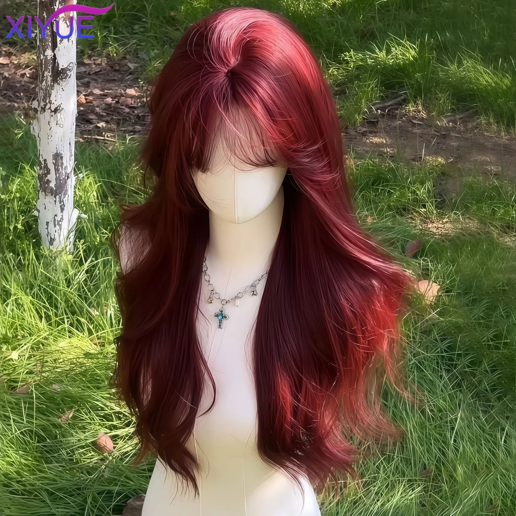 XIYUERed Synthetic Wigs Long Body Wavy Wig Natural Hairline Daily Red Hair Heat Resistant Fiber Smooth Party Cosplay Wig
