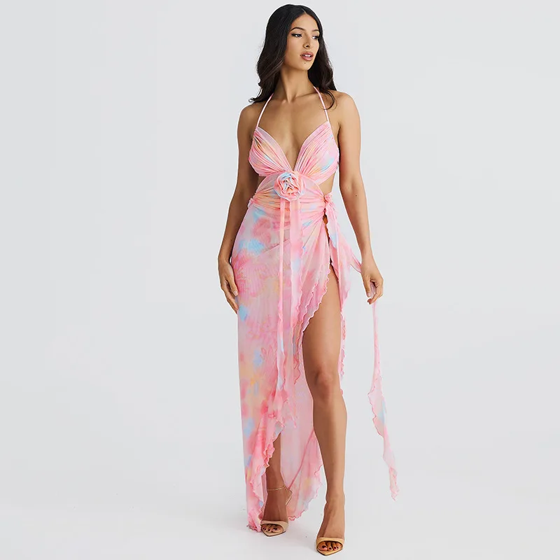 Sexy Printed Mesh Long Dress Women Lace-Up Floral Backless Hollow Out Ruffled Fashion Bandage Dress Women's Dress Summer
