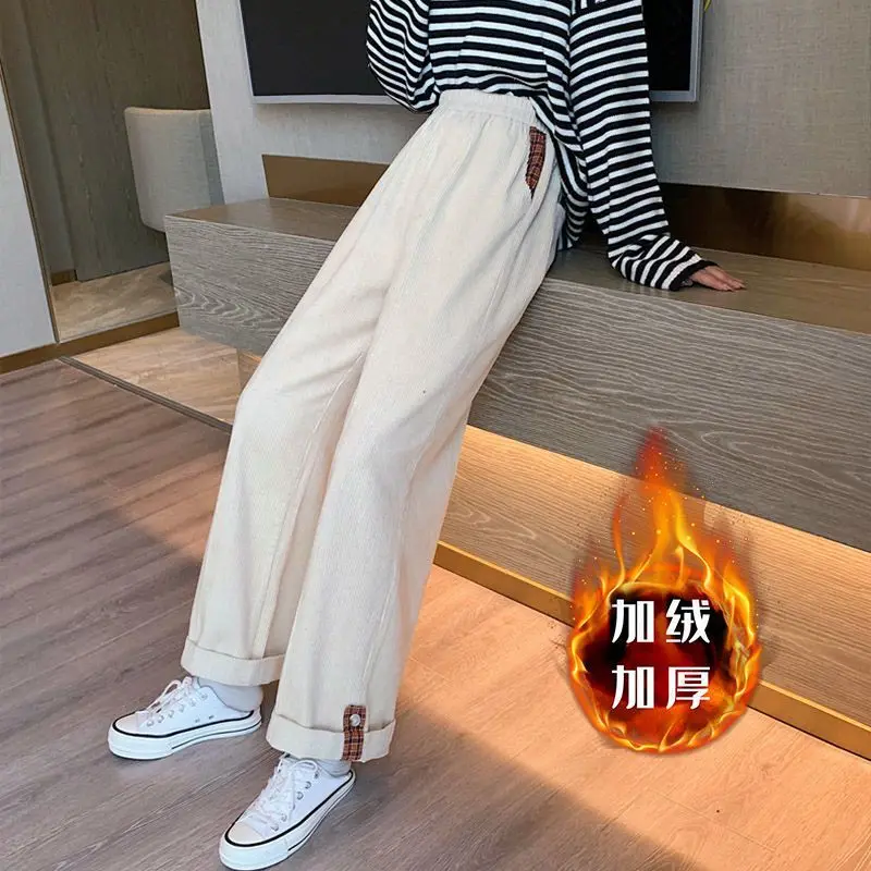 Vintage Corduroy Straight Pants Autumn Winter Elastic Waist Solid Loose All-match Wide Leg Pants Casual Fashion Women Clothing