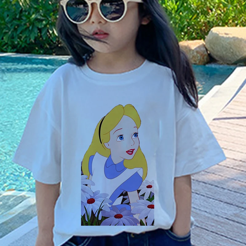 

Disney Series Alice Summer Children Clothing Blouse Cartoon Print T-shirt Fashion Boys Girl Tees Casual 2 To 7 Years Old Unisex