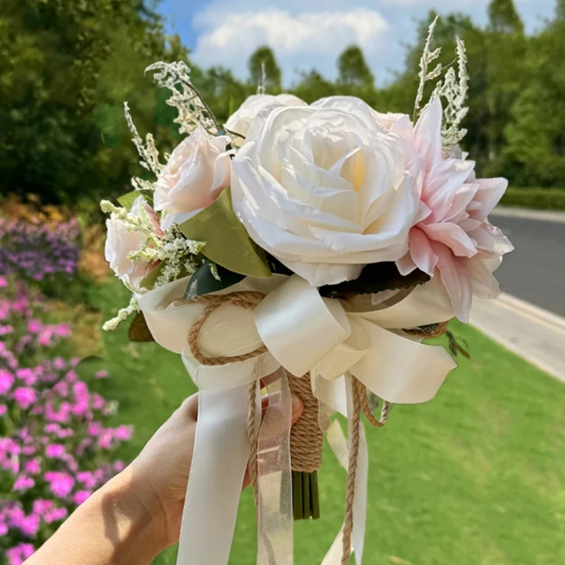 1PC Wedding Bouquets for Bride Bridesmaid Artificial Roses Flowers Party Decoration Rural Wedding Tossing Bouquet Ceremony Prop