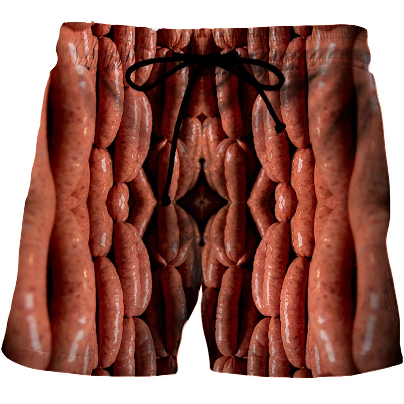 New Gourmet Food Graphic Beach Grilled Sausage Shorts For Men 3D Printed Sausage Boardshorts Men Women Meat Sausage Short Pants 2