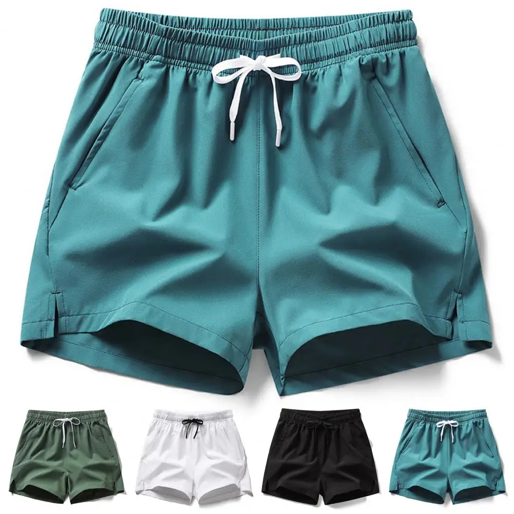 

Mid-rise Casual Shorts Men's Summer Casual Elastic Waistband Beach Shorts with Pockets Solid Color Loose Fit Fitness for Wide