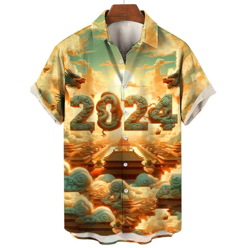 thumbnail image 1 of Camisa de dragón chino con estampado 3D de moda 2024 para hombre, camisa hawaiana de verano a la moda, blusa holgada con solapa y botones, 1 of 5