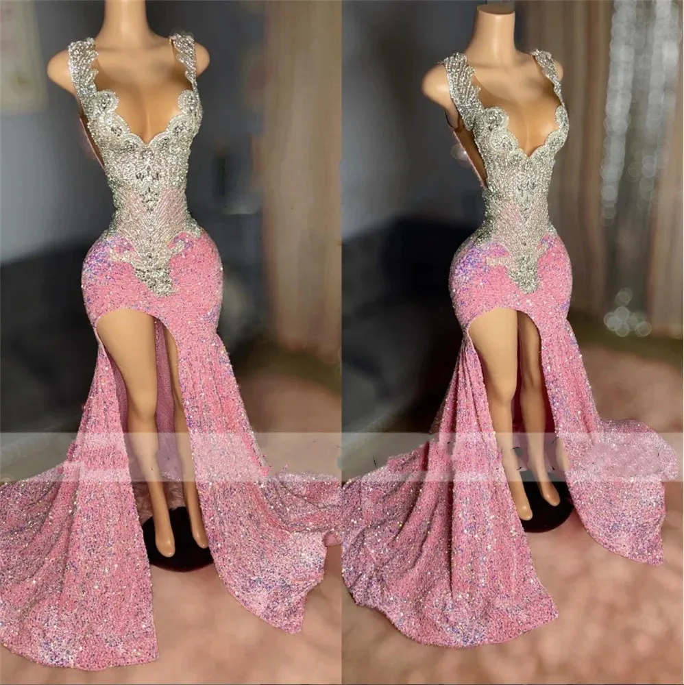 

Long Pink Slit Sexy Prom Dresses Sheer Mesh Top Luxury Sparkly Diamond Black Girls robe femme elegant 2024 Formal Party Gowns