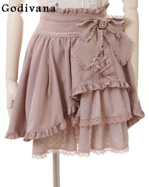 2024 Summer New Fashion Bowknot Lace Elegant Skirts Mine Style Mass-Produced Sweet Y2k High Waist Slim-Fit Lolita Skirt Women