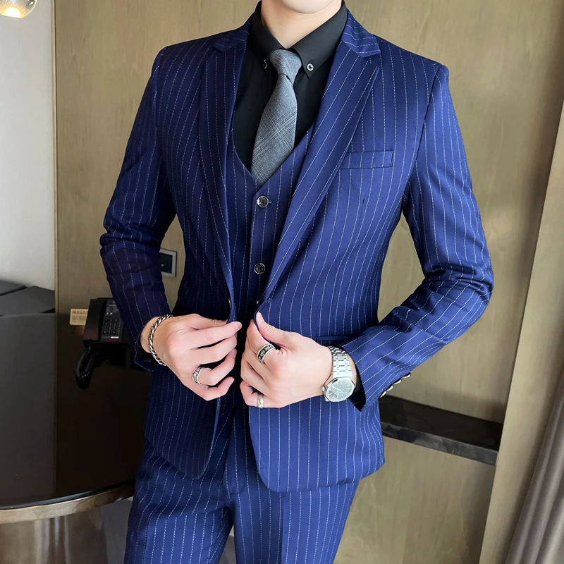 Three-Piece Business Suit Slim Fit Striped Vest Trousers Set Korean Fashion Wedding Outfit