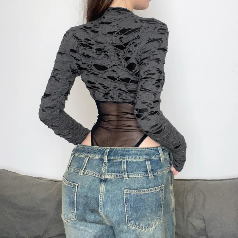 

Hollow Holes Mesh Patchwork Sexy Bodysuit Women Round Neck Long Sleeve Stretchy Skinny T-Shirt Midnight Party See Through Outfit