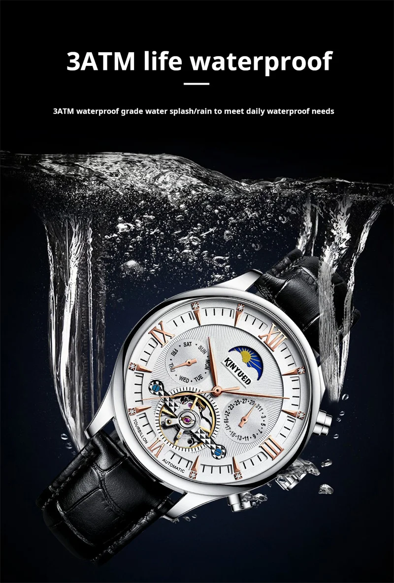 KINYUED Brandneue mechanische Mondphasenuhr für Herren, hohle Tourbillon-Uhren, Wochendatum, Herrenuhr, wasserdicht, automatische Uhren_voghion.com