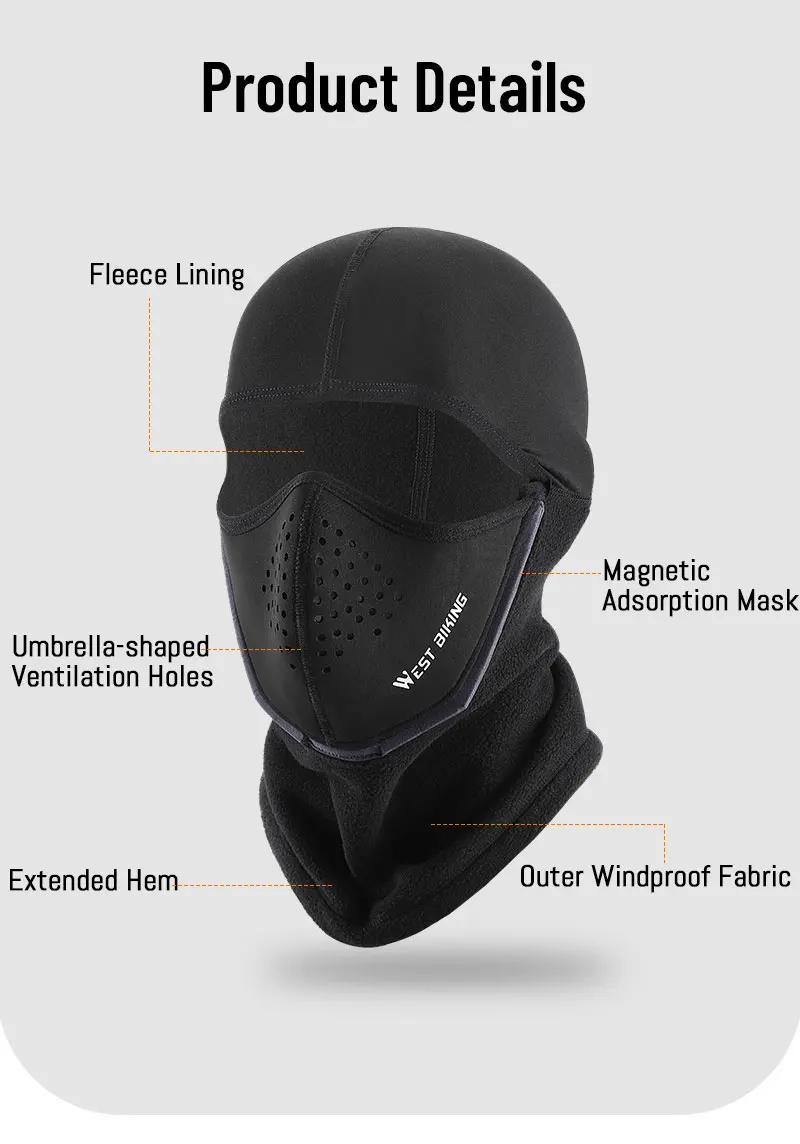 WEST BIKING Magnetische Thermomaske für den Winter, winddicht, warm, Sturmhaube, Outdoor-Sport, Skifahren, Wandern, atmungsaktiv, Radfahren, Kopfbedeckung – Detail 4