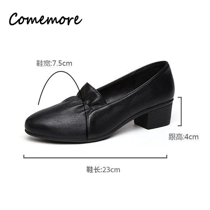 Comemore Loafers Shoes Women Medium Heels Leather Black Lady Work Professional Shoe New Luxury Designer Heels Zapatos De Mujer 6