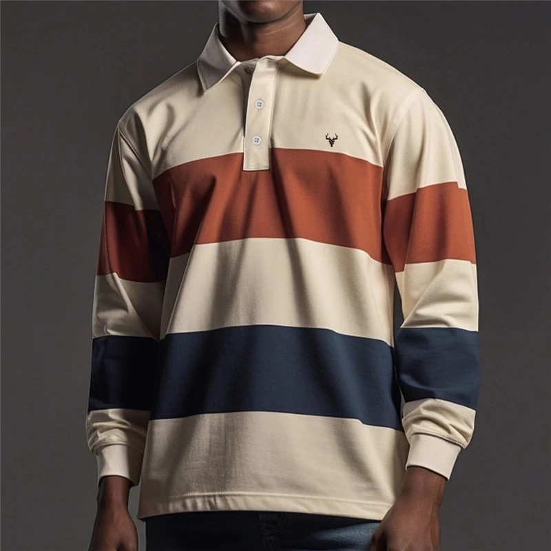 Polo grafiche a righe casual da uomo Semplice autunno Business Polo da golf a maniche lunghe stampata in 3D T-shirt con risvolto larghe e traspiranti - immagine 2