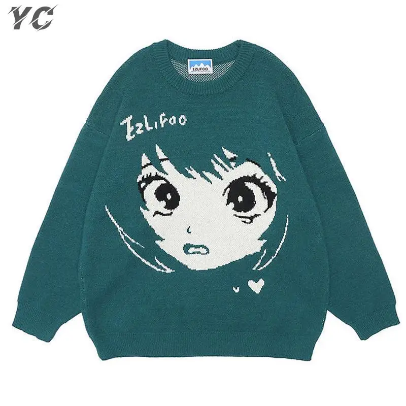 

Harajuku Female Ladies Anime Y2k Sweater Winter Patchwor Kawaii Cartoon Pullover Tops Women Goth Long Sleeve Loose Clothing BF