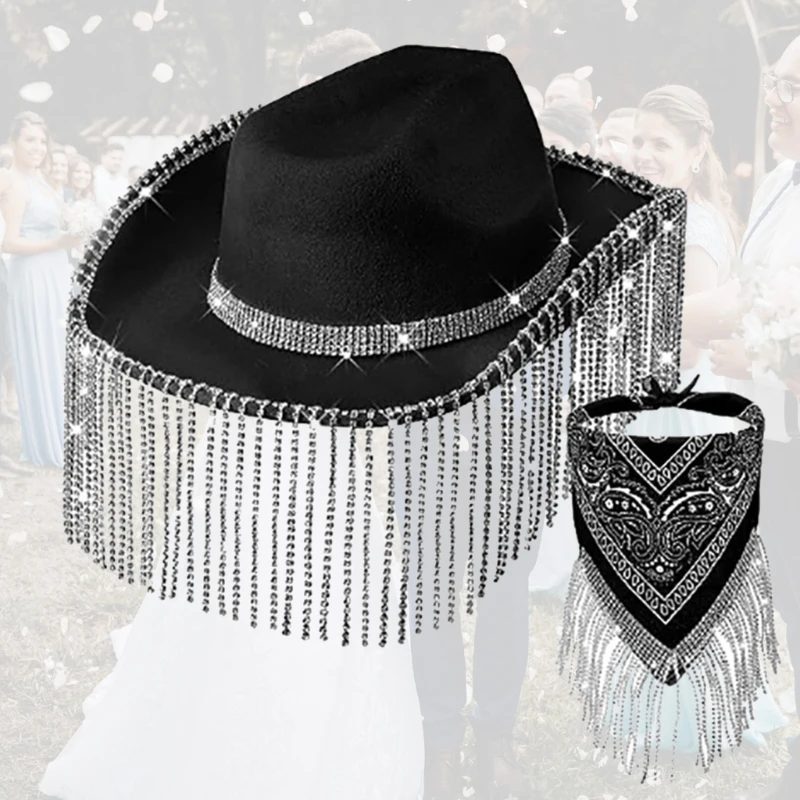 Womens Fringed Bandana Cowgirl Rhinestones Tassels Bandana & Weatern Cowboy Hat for Disco Party Music Festival