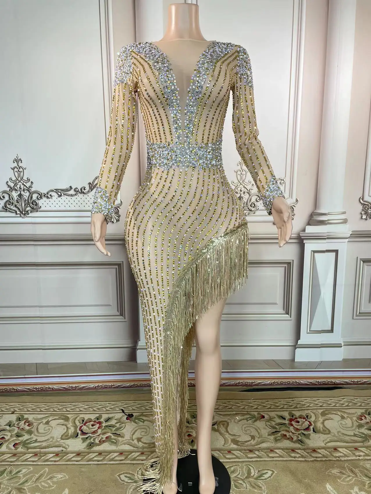 

Rhinestone Handmade Diy Sexy Long Dress Elegant Women Bodycon Plus Size Dresses Party Night Costume