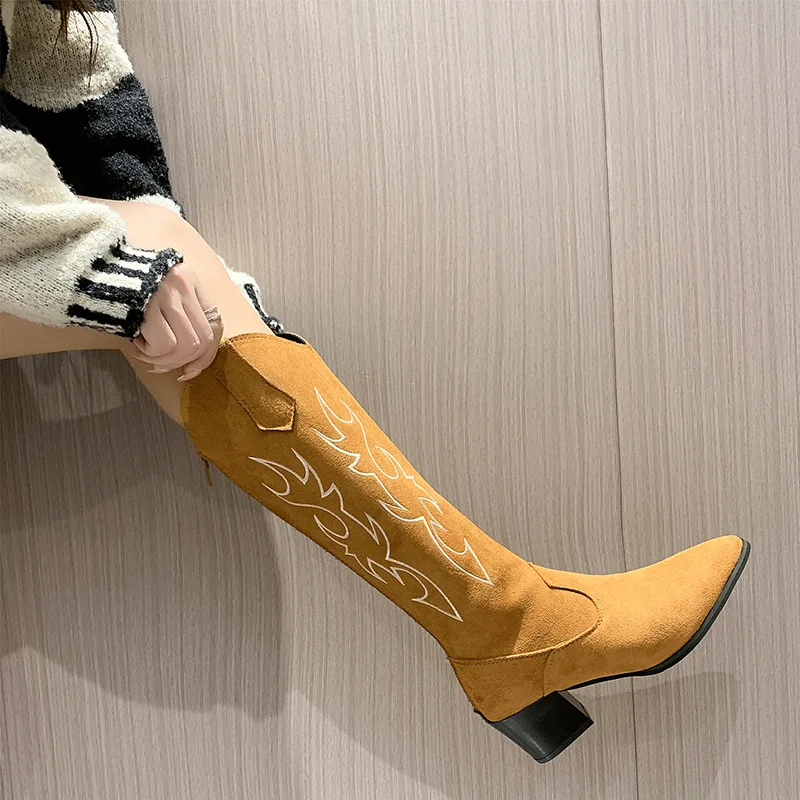 2022 Women Western Cowboy Boots Pointed Women's Shoes Printing Mid Calf Boots Winter Chunky Heel Wedges Knight Botas Feminina