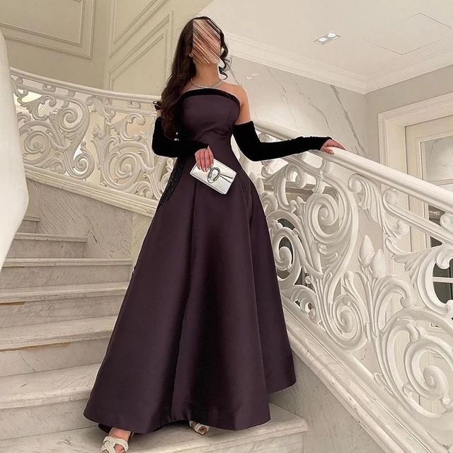 فستان سهرة رسمي مخصص بسيط بدون حمالات على شكل حرف a من الساتان مطرز بدون ظهر بدون أكمام بطول الأرض فستان حفلات