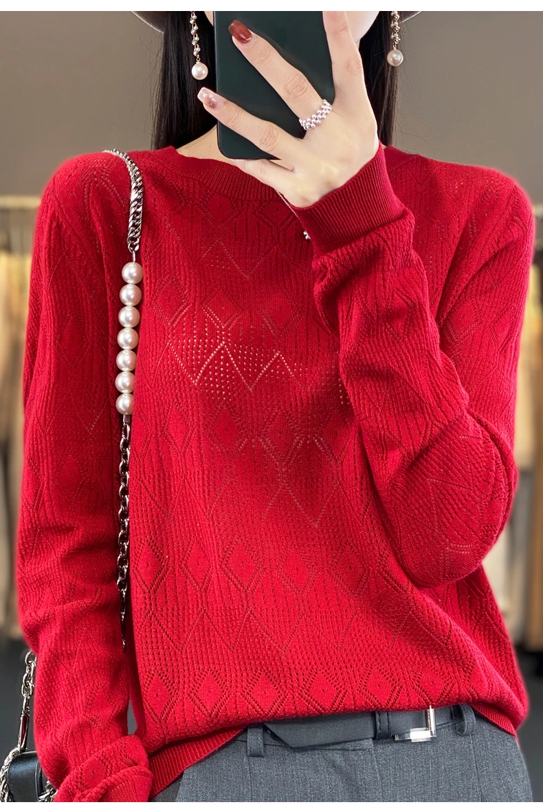 New Women Wool Blend Sweater Spring O-neck Geometric Hollow Pullover Fashion Soft Sweater Loose Casual Knit Base Tops