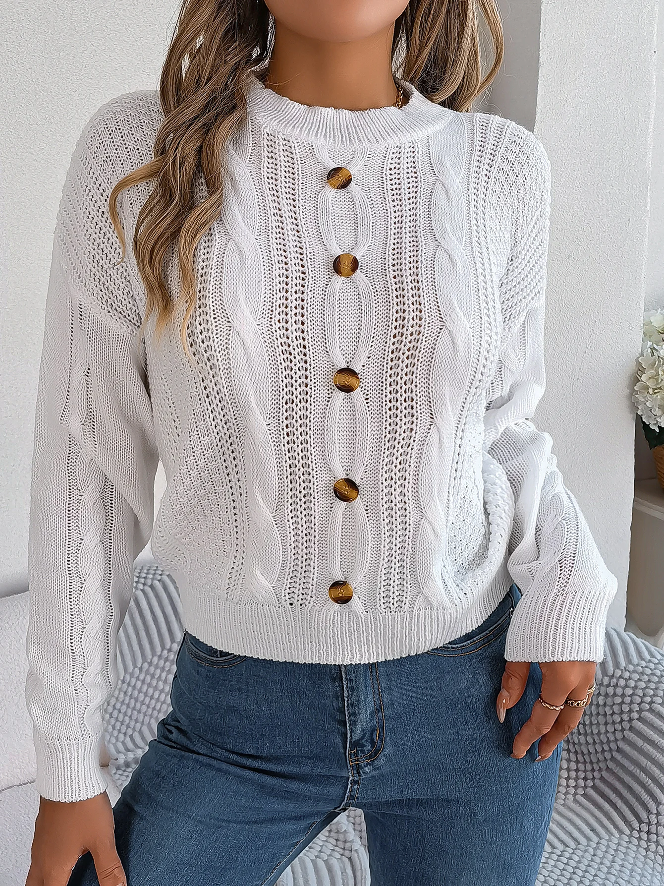 Women Solid Color Knitted Sweater Long Sleeve Pullover