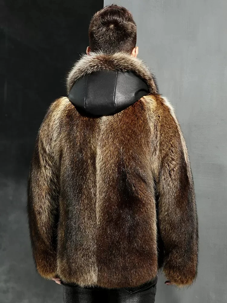 Men Collar Neck Tan Corduroy Faux Fur Jacket