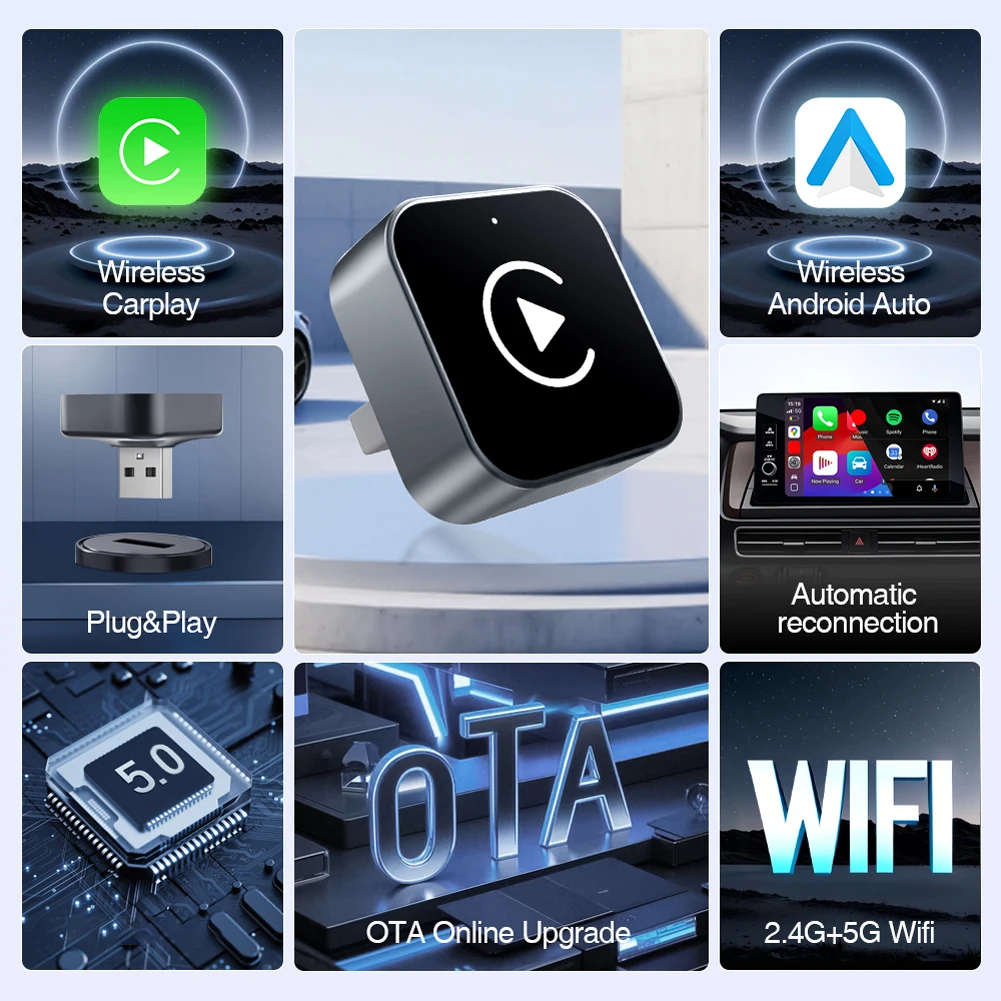 2 in 1 Wireless CarPlay Android Auto Adapter Wireless CarPlay Adapter Plug & Play Mini Carplay&Auto Box Dongle for Factory Wired