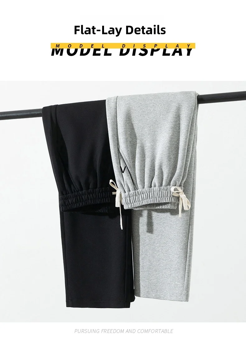 بنطلون واسع الساق للرجال لفصلي الخريف والشتاء، مبطن بالصوف، تصميم مستقيم وفضفاض، بنطلون رياضي كاجوال طويل، بنطلون رياضي أسود