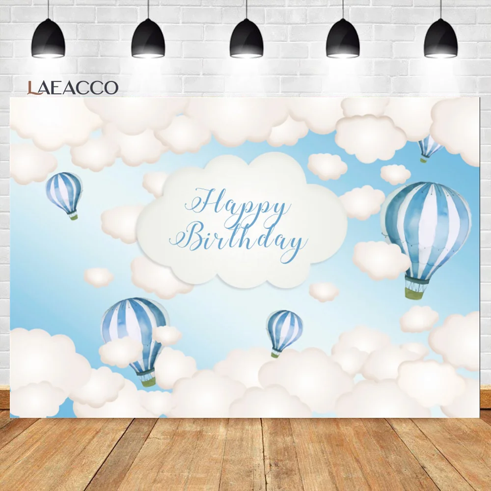 Laeacco Birthday Backdrop Blue Sky White Clouds Hot Air Balloons Stars Kids Newborn Photocall Baby Shower Photography Background