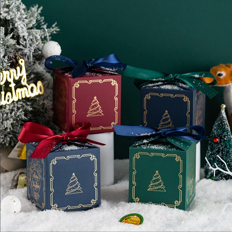 5 Stück neue Weihnachts-Apfelbox, Heiligabend-Geschenkbox, Rot, Grün, Blau, Heißprägung, hochwertiges Band, Weihnachts- und Obst-Geschenkbox – Detail 4
