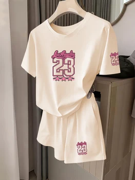 American Retro Style Los Angeles 23 Letter Star Print Short-Sleeve Set for Women, Loose Fit, Slimming, Stylish, Casual, Fashionable, Versatile T-Shirt and Shorts Two-Piece Set, Daily Wear, Women's Clothing 1
