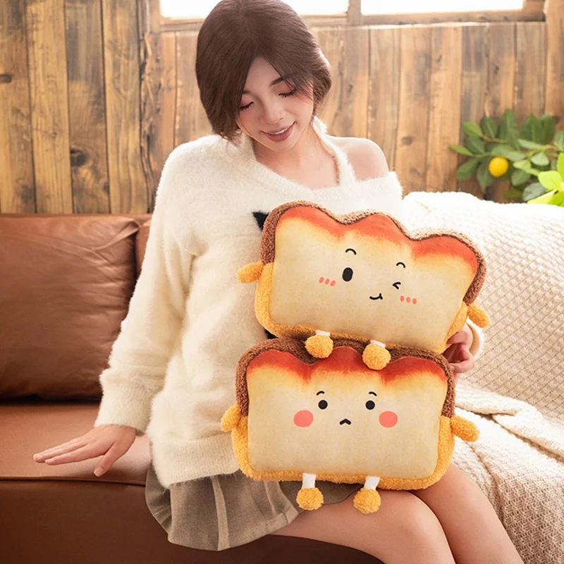 35x25cm Toast Bread Pillow Hands Warmer Winter Warm Plushie Emotion Face Human Figured Soft Cushion Decor Friend Gift