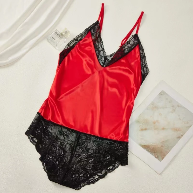Women Lace Pajamas Nightclothes Black M L XL Sexy Ice Silky Smooth Cool Low Cut V Neck women lace pajamas
