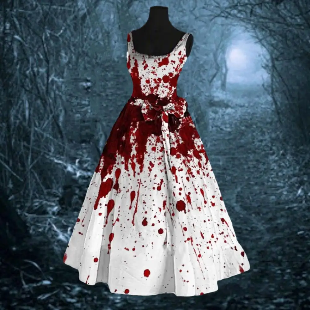

Halloween Women Dress Sleeveless Lace Swing Scary Cocktail Dress Ghost Print A-line Scoop Neck Flared Dress with Belt