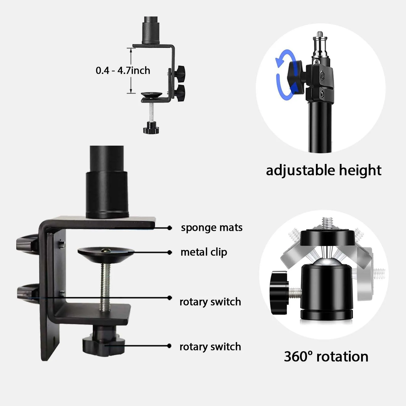 Desk Mount Stand DSLR Camera C Clamp Light Stand Photographic Light Boom Ball Head for Phone Video Ring Zoom